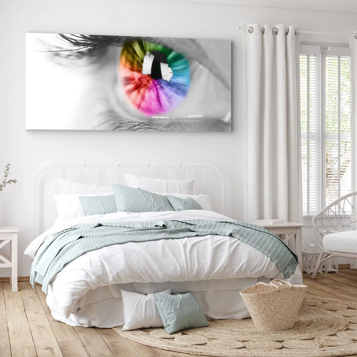 Bild auf Leinwand - Leinwandbild - Künstlerische Aufnahme eines Auges mit einer Regenbogeniris auf grauem Hintergrund - 120x50cm - Schau dir die Welt in Farbe an - Moderne Wanddekoration für Wohnzimmer und Schlafzimmer ARTTOR