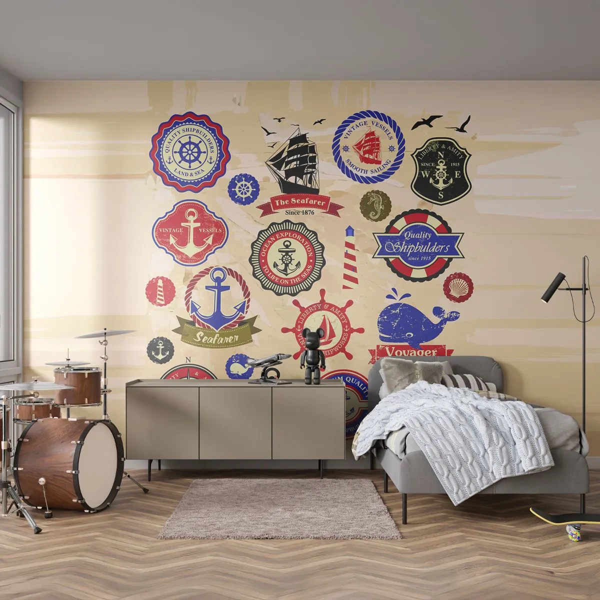 Fototapete Premium Canvas - Eine Sammlung nautischer Grafiken und Symbole auf hellem Hintergrund - 100x70cm - Segelbruderschaft - Moderne Wanddekoration für Wohnzimmer und Schlafzimmer ARTTOR