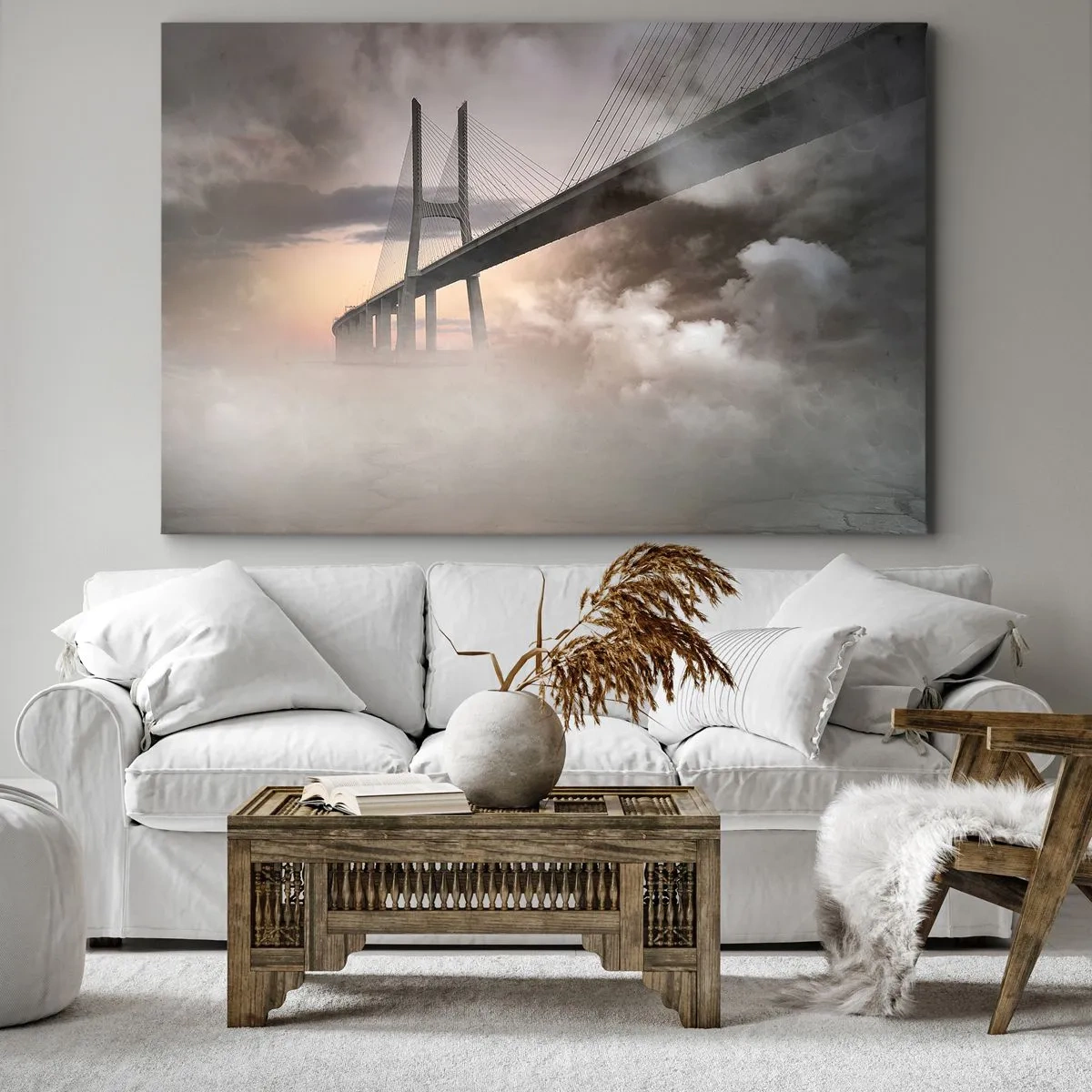 Bild auf Leinwand - Leinwandbild - Eine Brücke über einen Fluss, umgeben von Nebel am Morgen - 70x50cm - Auf dem Fluss, den es nicht gibt - Moderne Wanddekoration für Wohnzimmer und Schlafzimmer ARTTOR