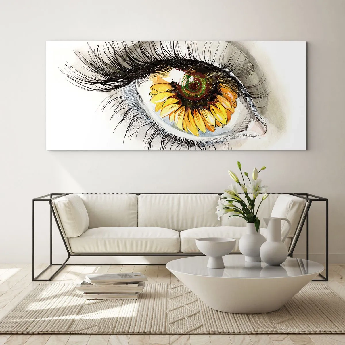 Glasbild - Bild auf glas - Künstlerisches Auge mit sonnenblumenförmiger Iris - 140x50cm - Ein Look so heiß wie der Sommer - Moderne Wanddekoration für Wohnzimmer und Schlafzimmer ARTTOR