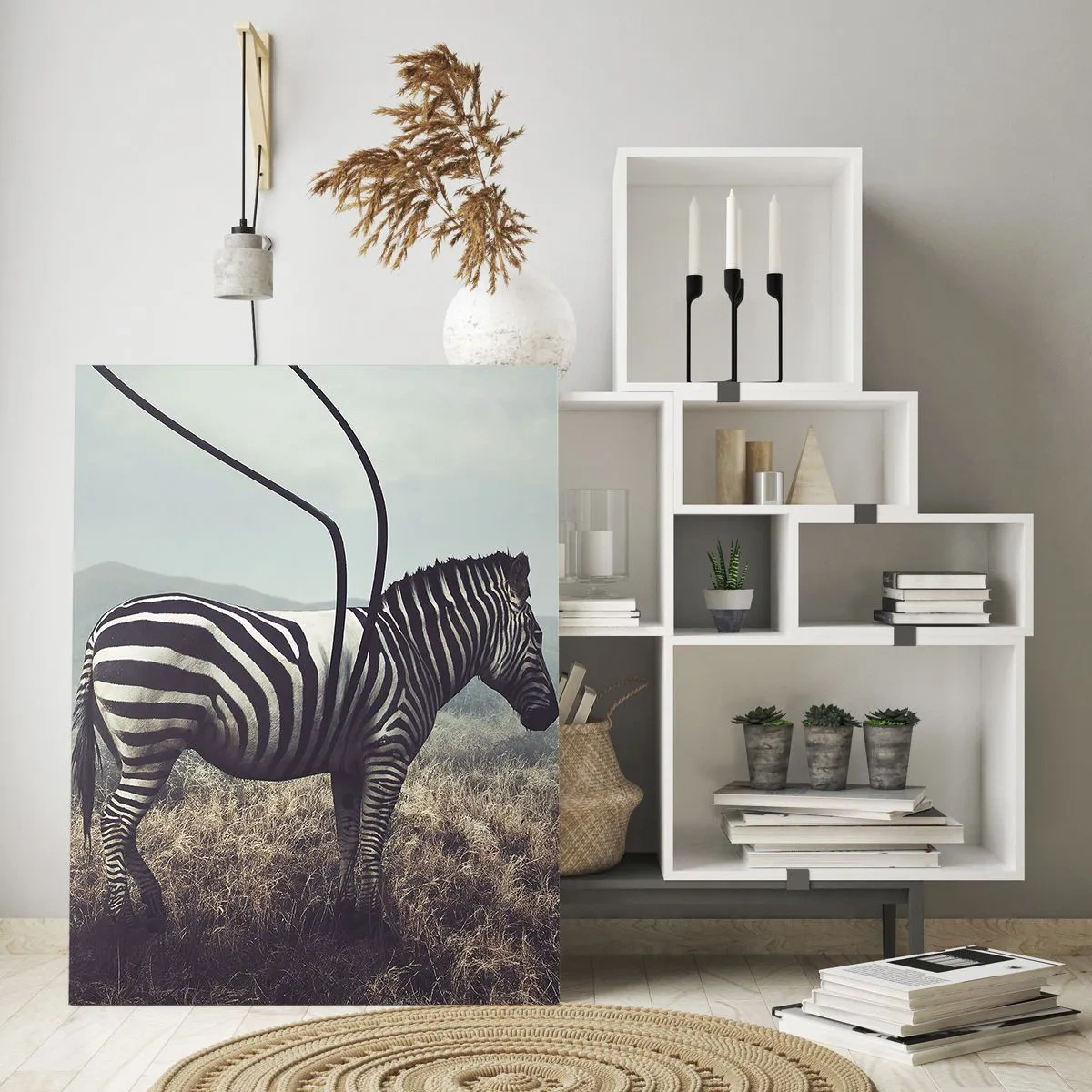 Glasbild - Bild auf glas - Zebra auf Grashintergrund mit surrealen Antennendetails - 50x70cm - Achtung! Fehler - Moderne Wanddekoration für Wohnzimmer und Schlafzimmer ARTTOR