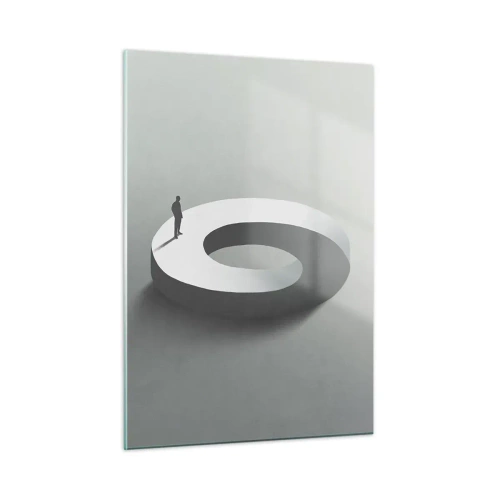Glasbild - Bild auf glas - Eine minimalistische Silhouette eines Mannes auf einem weißen Ring - 50x70cm - Und wie soll man davon klug werden - Moderne Wanddekoration für Wohnzimmer und Schlafzimmer ARTTOR