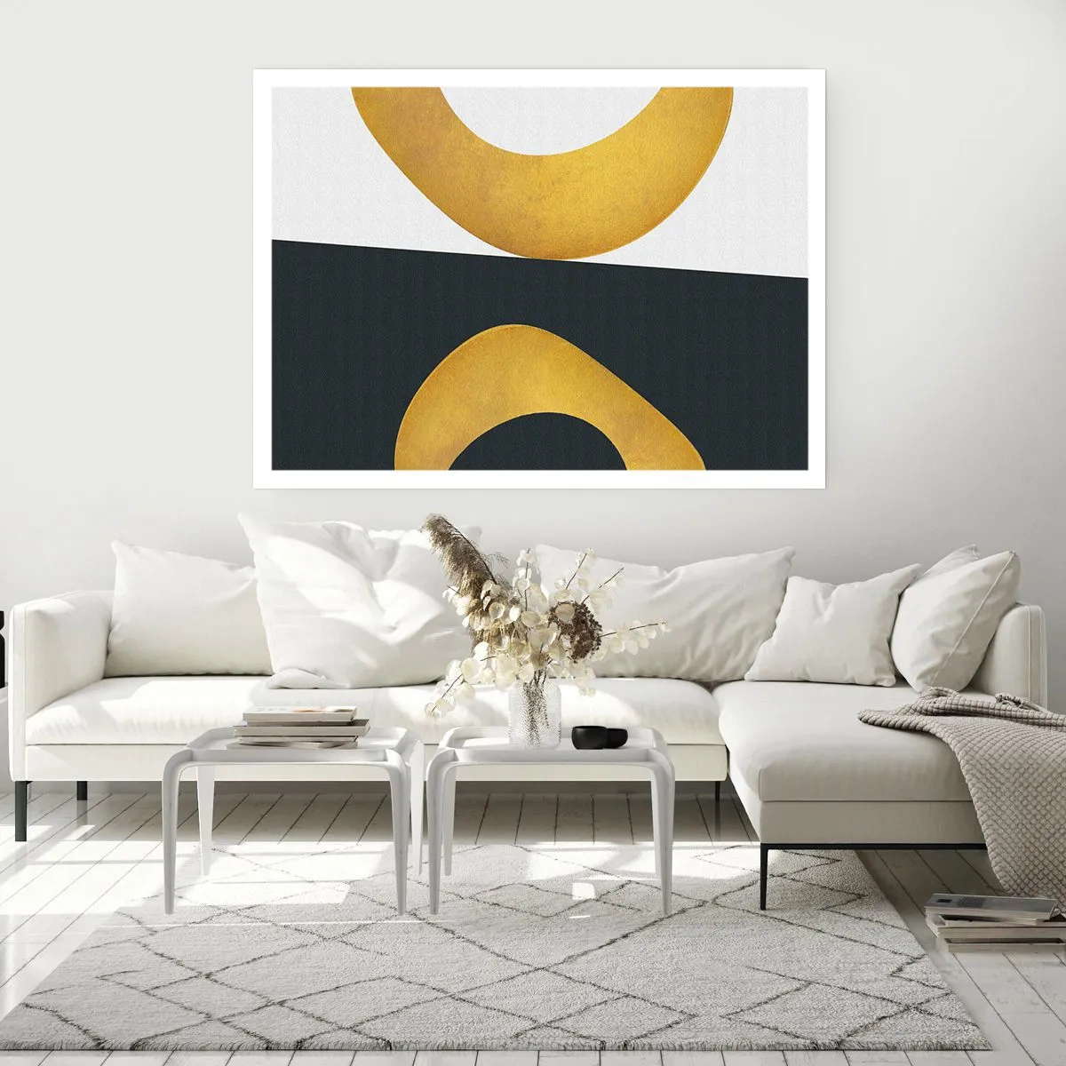 Poster - Geometrische Formen in Gold auf weißem und dunklem Hintergrund - 100x70cm - Erstens: Gold - Moderne Wanddekoration für Wohnzimmer und Schlafzimmer ARTTOR