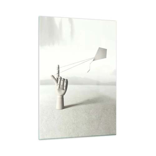 Glasbild - Bild auf glas - Eine Holzhand, die einen schwebenden Drachen auf dem Finger hält - 50x70cm - Kraftprobe - Moderne Wanddekoration für Wohnzimmer und Schlafzimmer ARTTOR