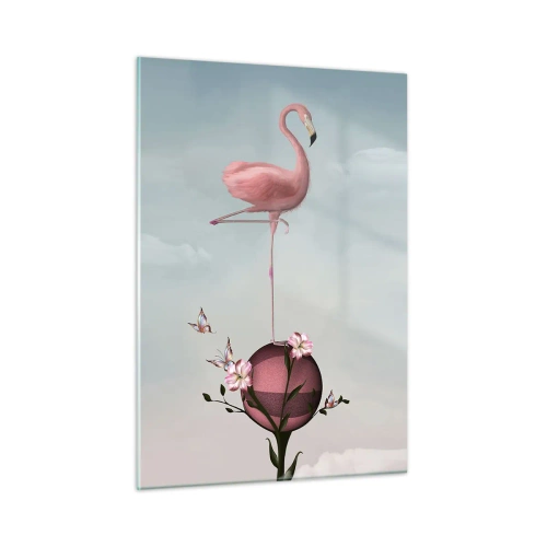 Glasbild - Bild auf glas - Ein rosa Flamingo steht auf einer dekorativen Kugel mit Blumen und Schmetterlingen. - 50x70cm - Basketball-Allegorie - Moderne Wanddekoration für Wohnzimmer und Schlafzimmer ARTTOR