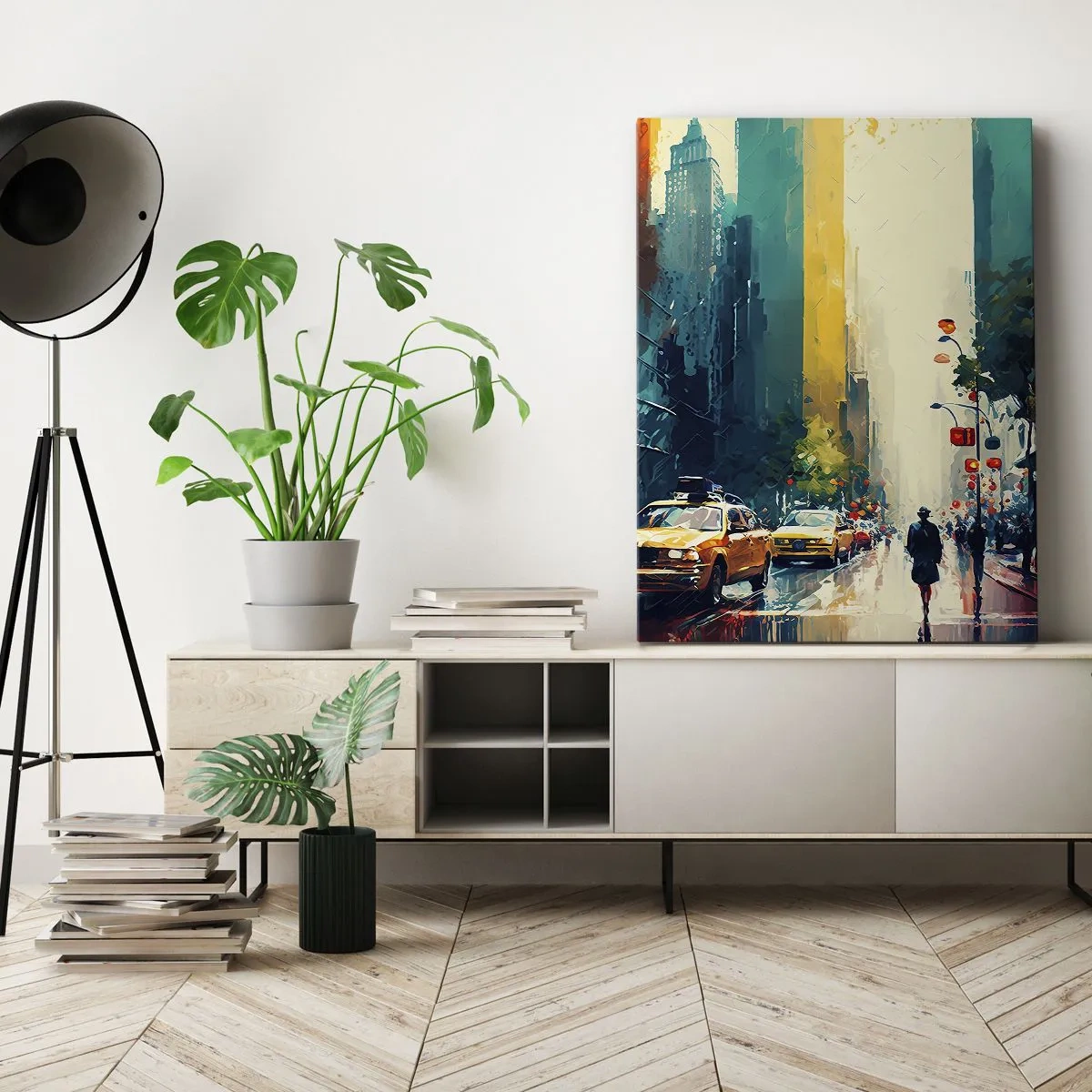 Bild auf Leinwand - Leinwandbild - Eine geschäftige Stadt mit Taxis und Passanten - 50x70cm - New York – selbst der Regen ist hier bunt - Moderne Wanddekoration für Wohnzimmer und Schlafzimmer ARTTOR
