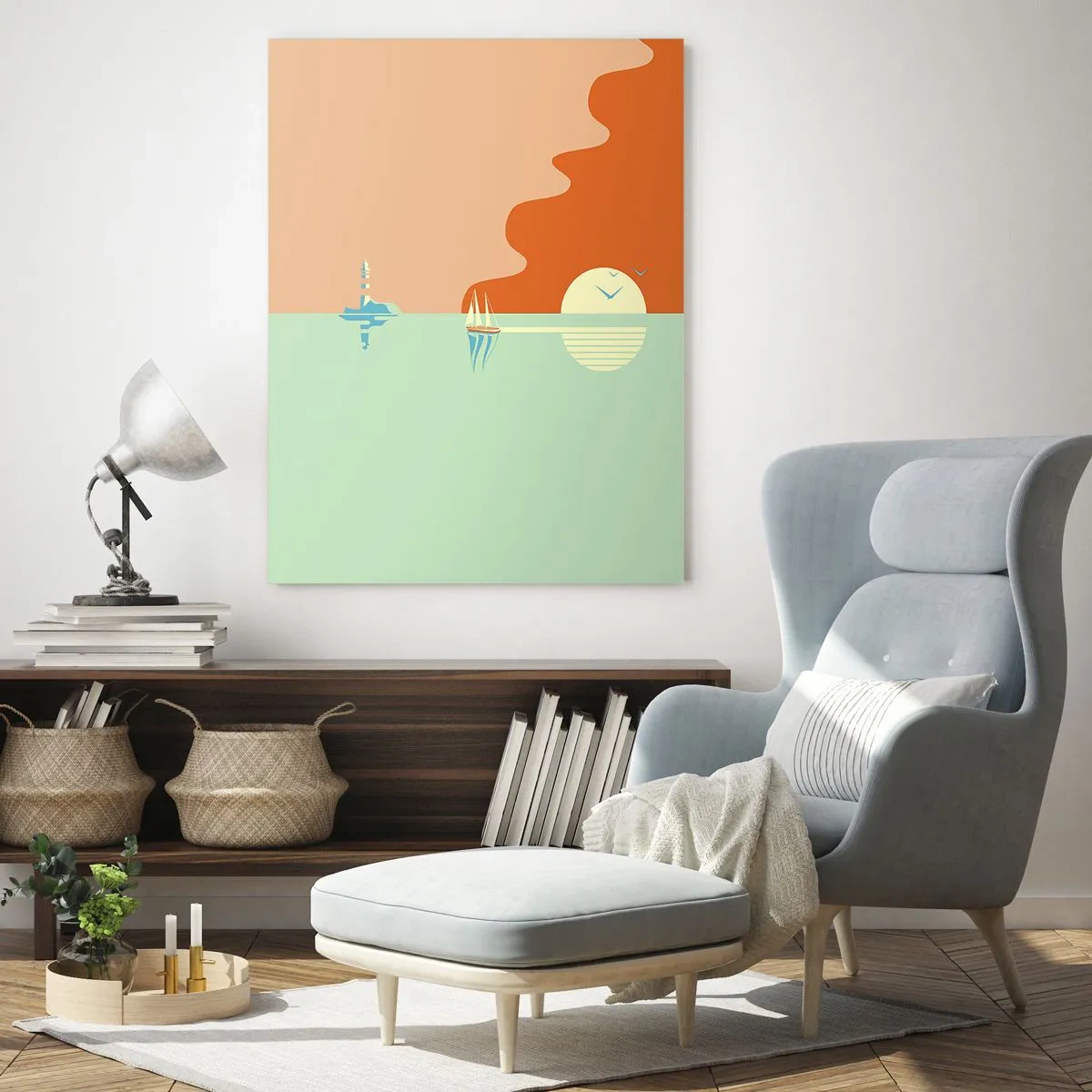 Glasbild - Bild auf glas - Ein minimalistischer Sonnenuntergang mit einem Segelboot und einem Leuchtturm - 50x70cm - Die perfekte Meereslandschaft - Moderne Wanddekoration für Wohnzimmer und Schlafzimmer ARTTOR