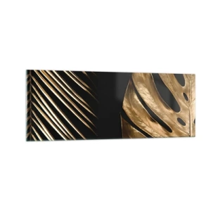 Glasbild - Bild auf glas - Goldene Blätter auf schwarzem Hintergrund - 140x50cm - Anders und genauso teuer - Moderne Wanddekoration für Wohnzimmer und Schlafzimmer ARTTOR
