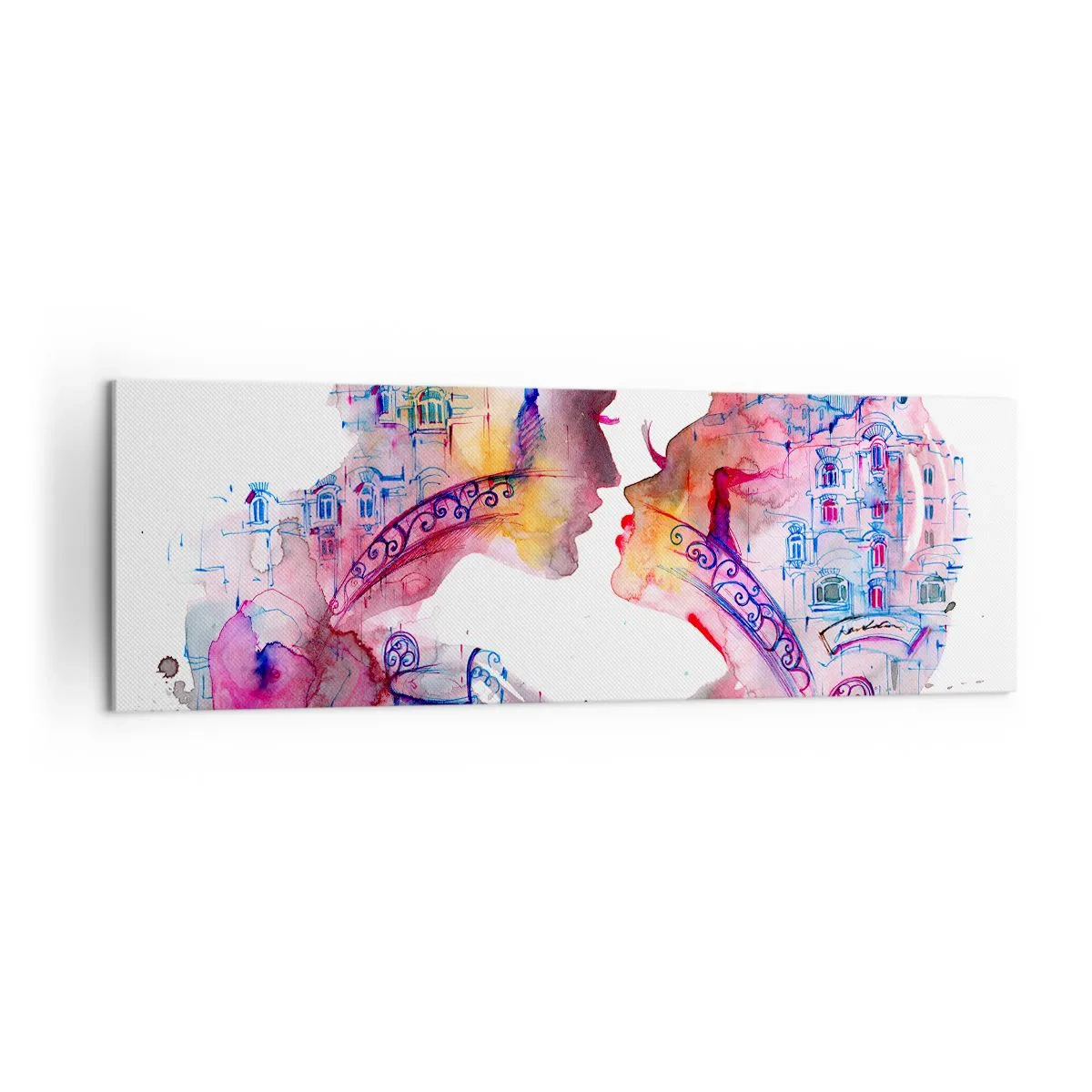 Bild auf Leinwand - Leinwandbild - Ein romantisches Aquarell, das die Silhouetten von Liebenden darstellt - 160x50cm - Die geheime Seufzerbrücke - Moderne Wanddekoration für Wohnzimmer und Schlafzimmer ARTTOR