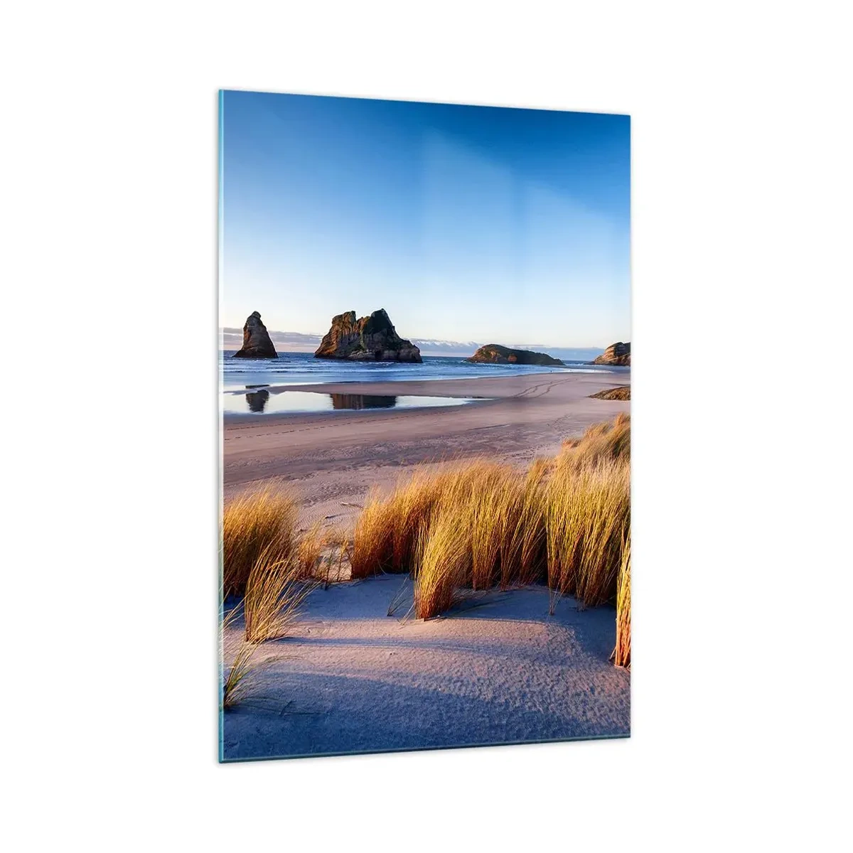 Glasbild - Bild auf glas - Ein malerischer Strand mit Blick auf die Felsen und das Meer bei Sonnenuntergang - 70x100cm - Für Friedenssuchende - Moderne Wanddekoration für Wohnzimmer und Schlafzimmer ARTTOR