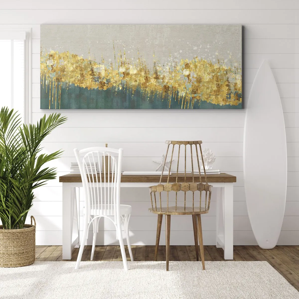 Bild auf Leinwand - Leinwandbild - Goldene Akzente auf grün-beigem Untergrund - 160x50cm - Goldener Rand - Moderne Wanddekoration für Wohnzimmer und Schlafzimmer ARTTOR