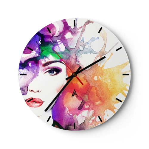 Wanduhr - Glasuhr - Abstraktes Frauengesicht, umgeben von bunten Flecken - 30x30cm - Mit dem Kopf in den Wolken - Moderne Wanddekoration für Wohnzimmer, Küche und Schlafzimmer ARTTOR