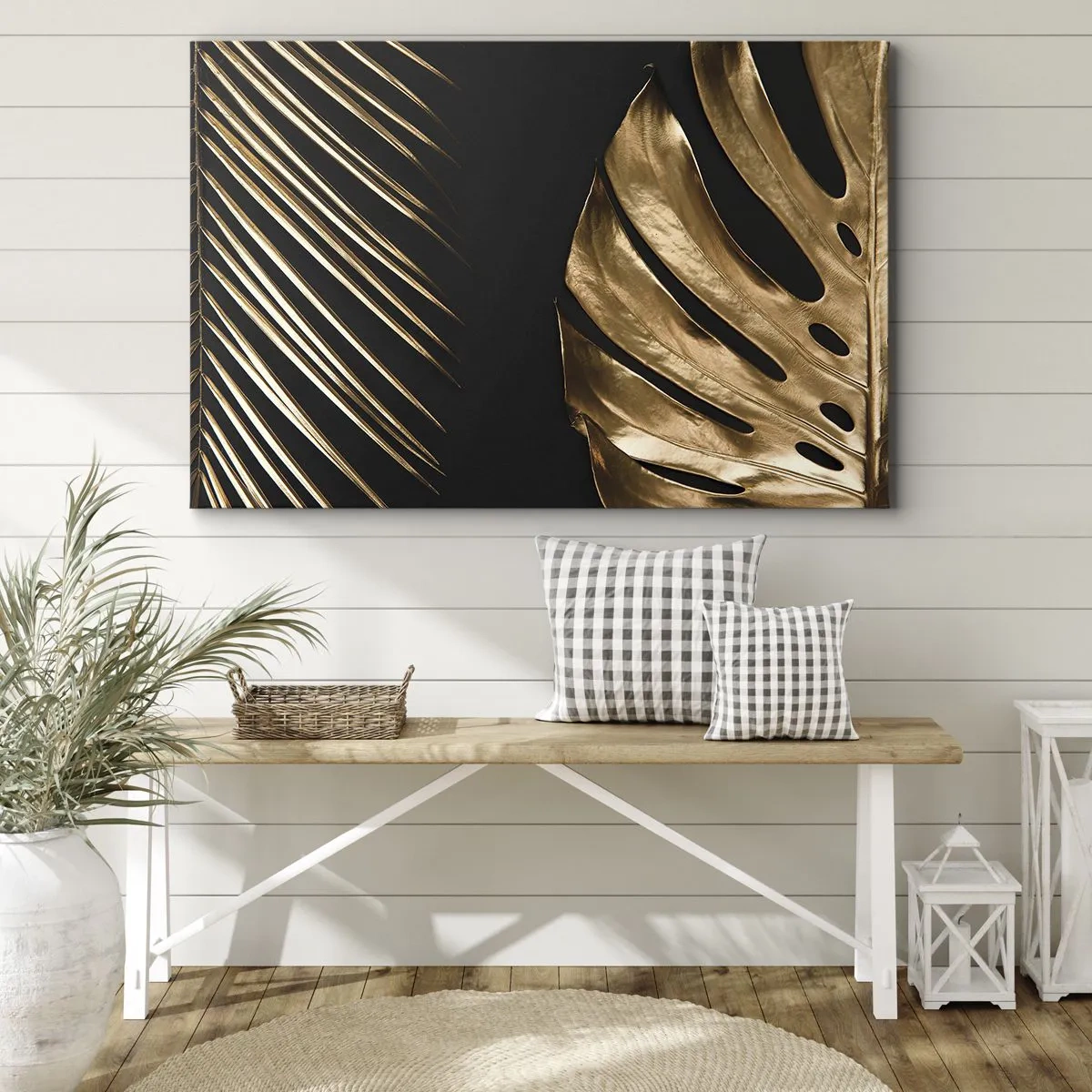Bild auf Leinwand - Leinwandbild - Goldene Blätter auf schwarzem Hintergrund - 100x70cm - Anders und genauso teuer - Moderne Wanddekoration für Wohnzimmer und Schlafzimmer ARTTOR