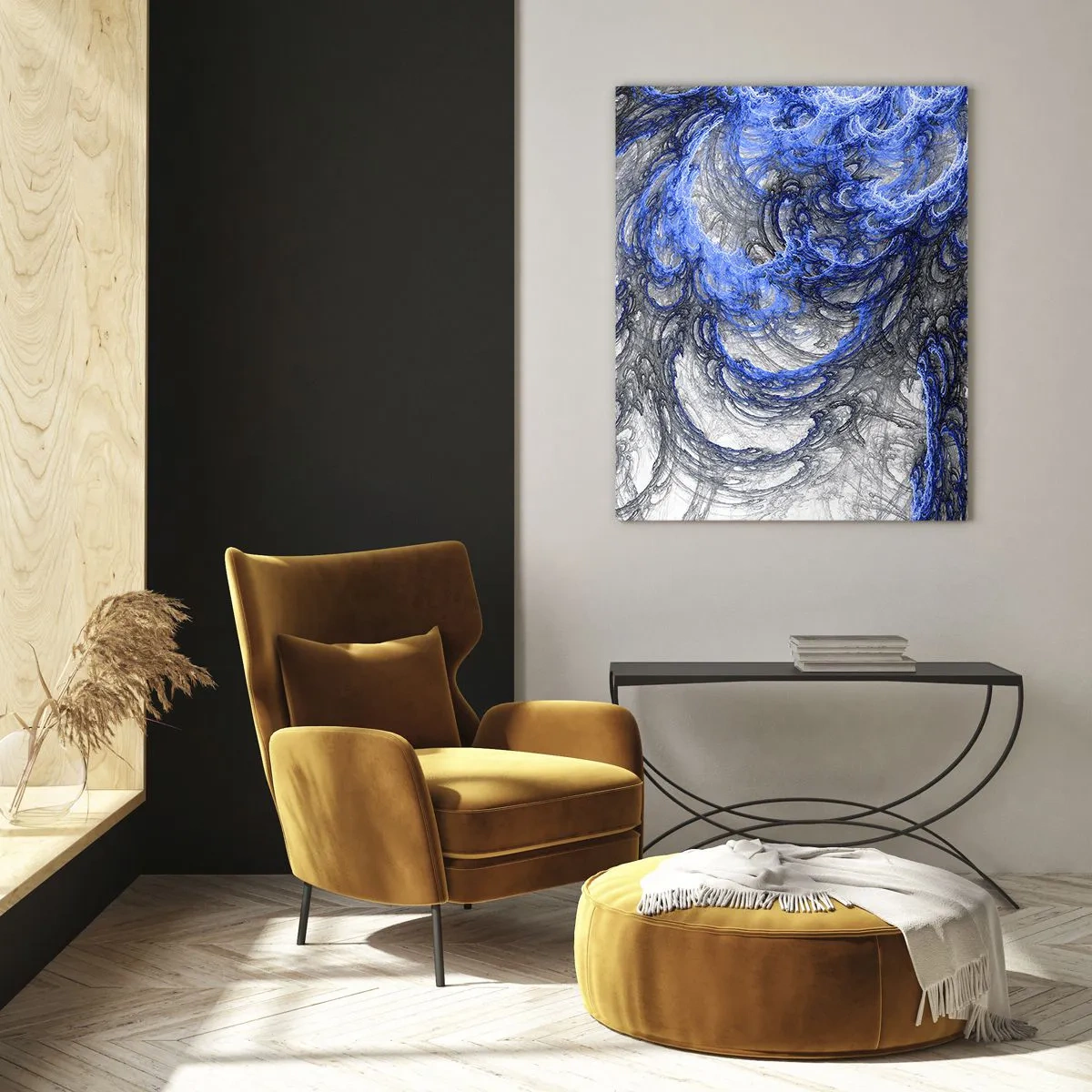 Glasbild - Bild auf glas - Abstrakte Wellen in Blau- und Grautönen - 80x120cm - Die Geburt einer Welle - Moderne Wanddekoration für Wohnzimmer und Schlafzimmer ARTTOR