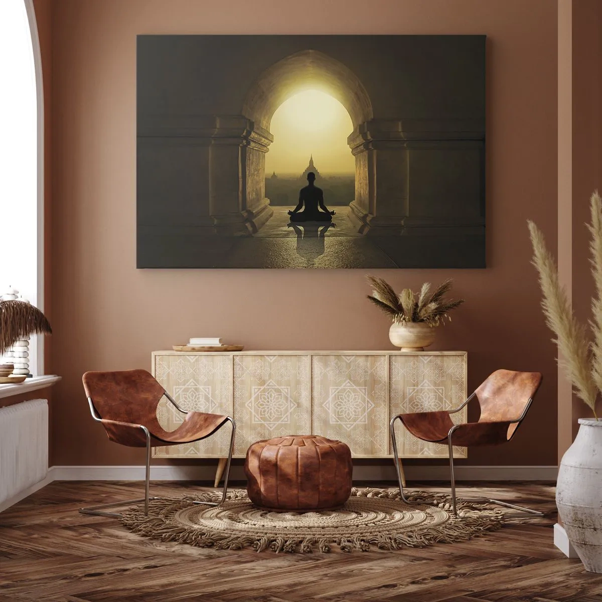 Bild auf Leinwand - Leinwandbild - Silhouette einer meditierenden Person im Licht der untergehenden Sonne - 100x70cm - Vollkommene Harmonie - Moderne Wanddekoration für Wohnzimmer und Schlafzimmer ARTTOR