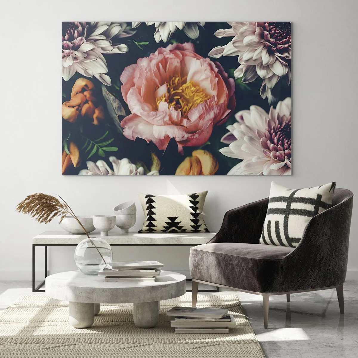 Glasbild - Bild auf glas - Nahaufnahme von Pfingstrosen und Chrysanthemen in Pastelltönen - 70x50cm - Mit barocker Pracht - Moderne Wanddekoration für Wohnzimmer und Schlafzimmer ARTTOR