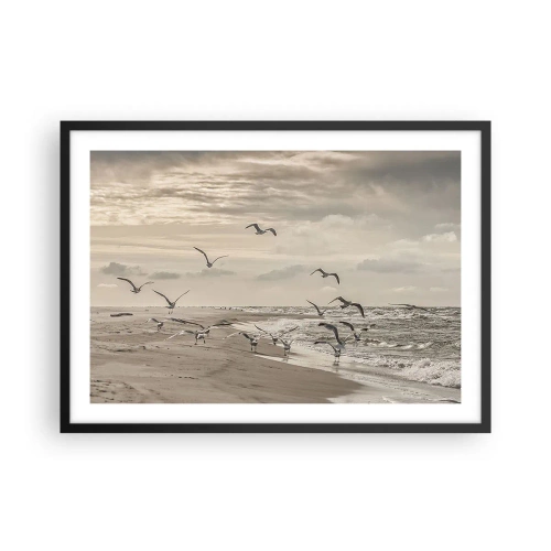 Poster in einem schwarzem Rahmen - Eine Möwe im Flug über einer Küstenlandschaft - 70x50cm - Meeresrauschen, Vogelgesang - Moderne Wanddekoration für Wohnzimmer und Schlafzimmer ARTTOR