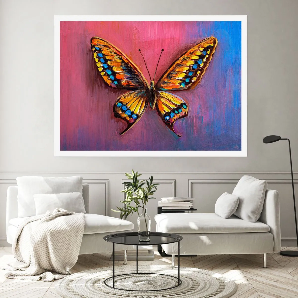 Poster - Bunter Schmetterling auf abstraktem Hintergrund - 100x70cm - Ein Juwel der Natur - Moderne Wanddekoration für Wohnzimmer und Schlafzimmer ARTTOR