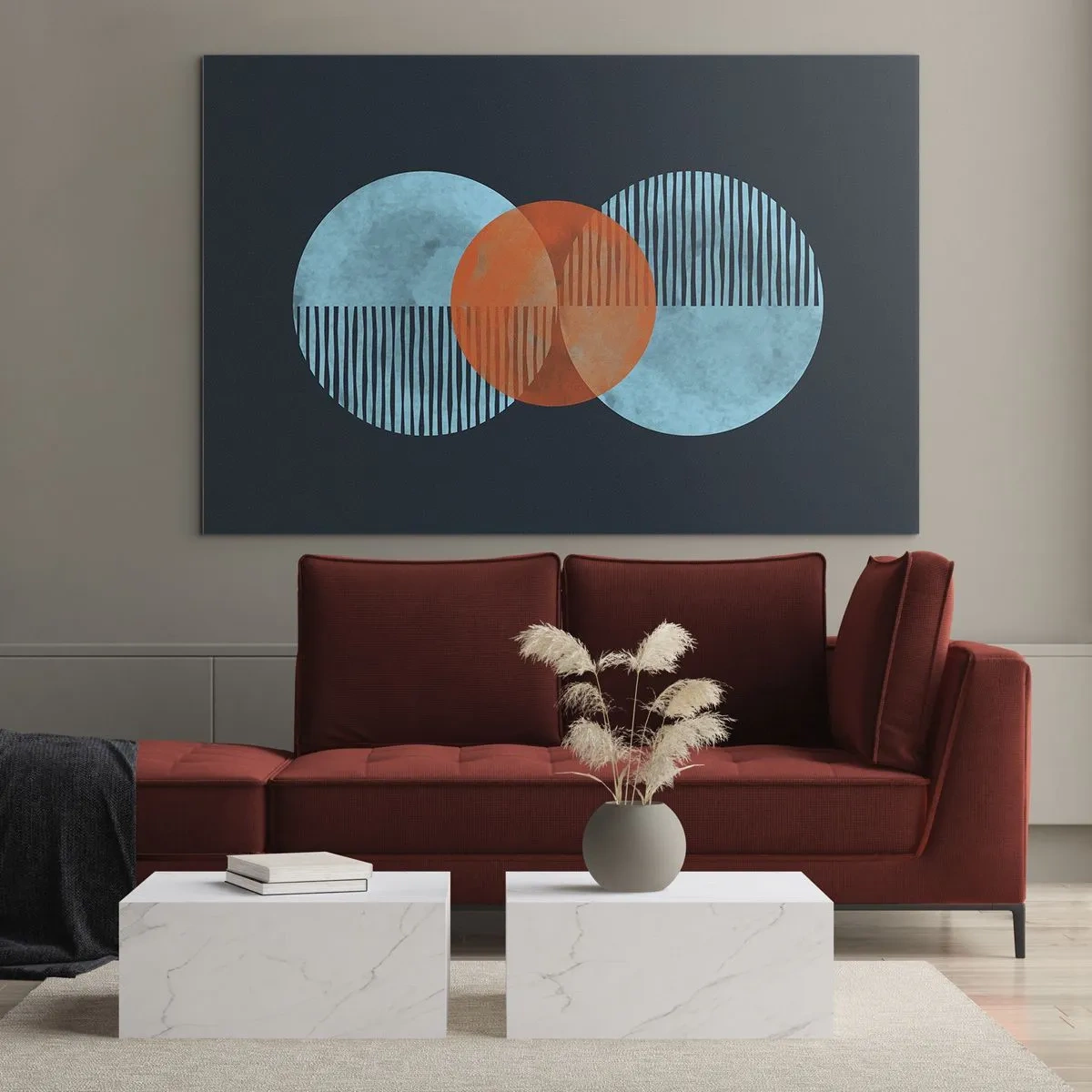 Glasbild - Bild auf glas - Farbige Kreise mit vertikalen Linien auf dunklem Hintergrund - 120x80cm - Symmetrische Komposition - Moderne Wanddekoration für Wohnzimmer und Schlafzimmer ARTTOR