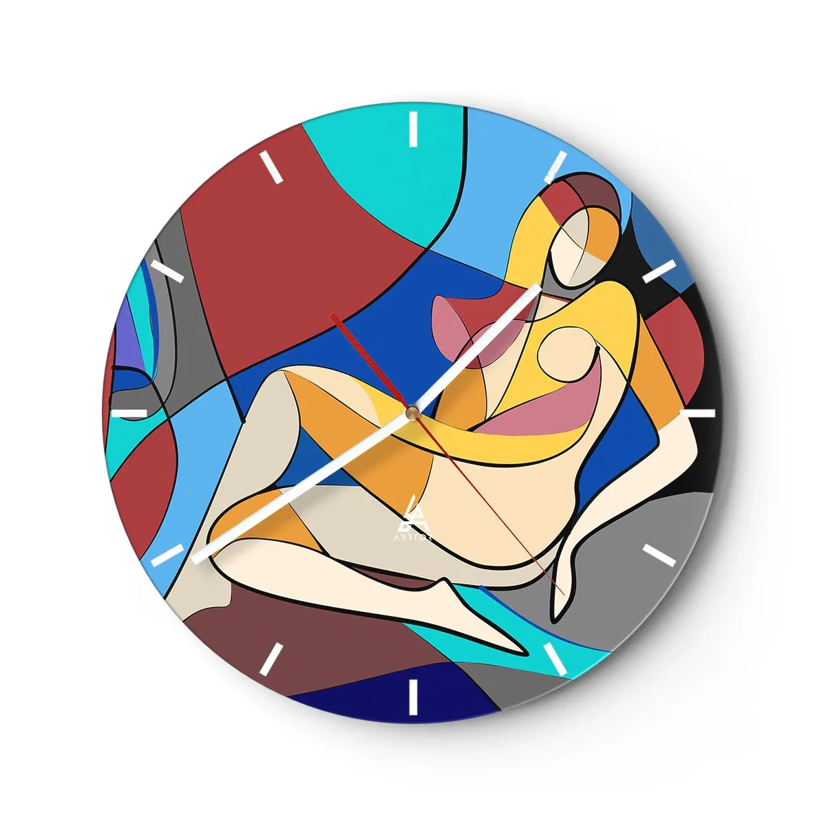 Wanduhr - Glasuhr - Ein farbenfroher weiblicher Akt im kubistischen Stil mit deutlicher Kontur. - 30x30cm - Kubistischer Akt - Moderne Wanddekoration für Wohnzimmer, Küche und Schlafzimmer ARTTOR