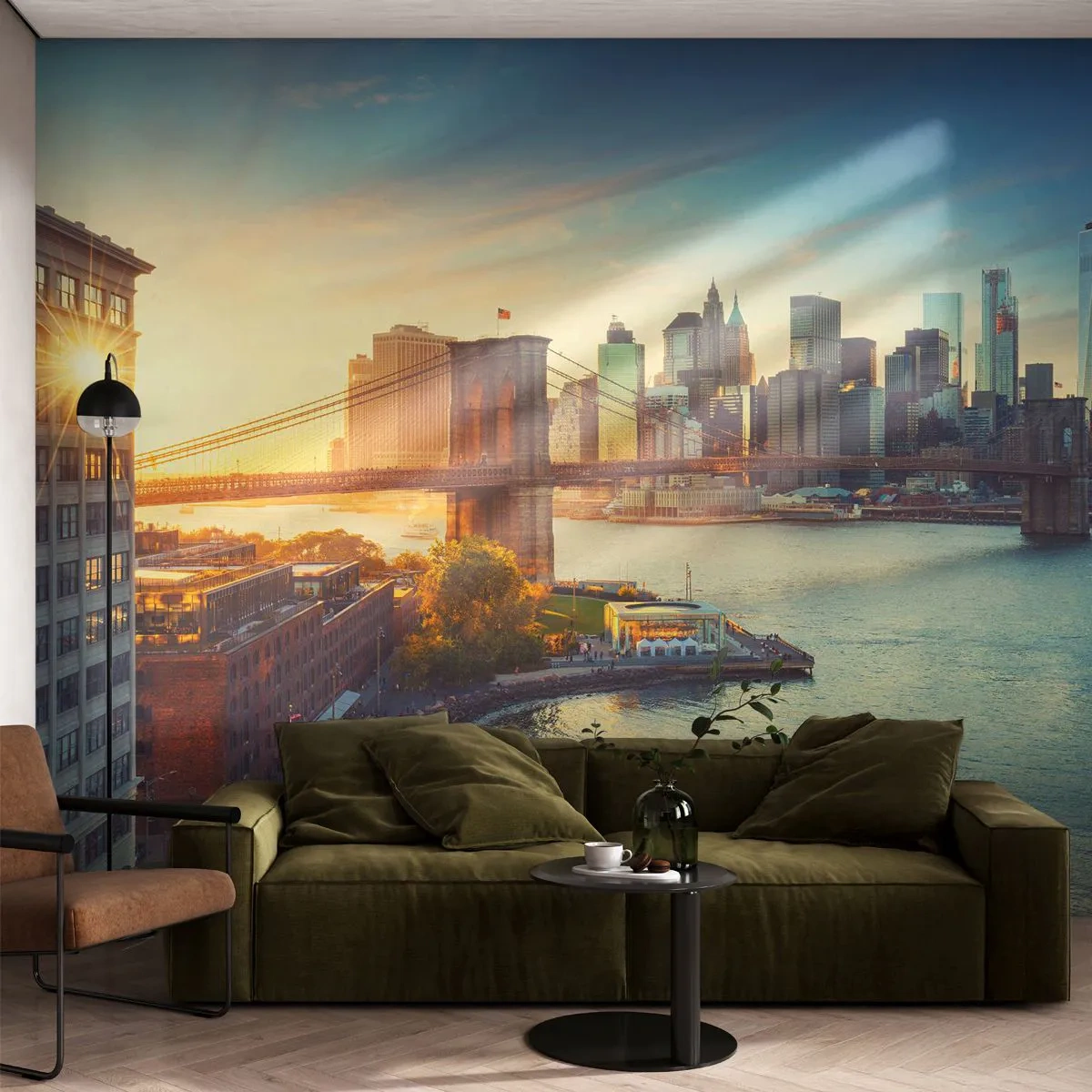 Fototapete Premium Sand - Morgendämmerung der Großstadt - New York, Stadt, Brooklyn Brücke - 100x70 cm