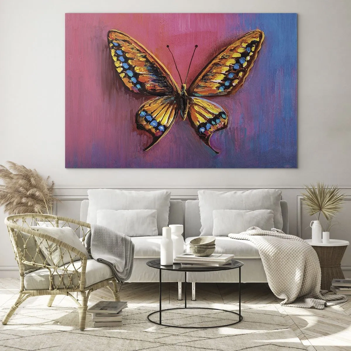 Glasbild - Bild auf glas - Ein bunter Schmetterling auf einem Hintergrund in Rosa- und Lilatönen - 100x70cm - Ein Juwel der Natur - Moderne Wanddekoration für Wohnzimmer und Schlafzimmer ARTTOR