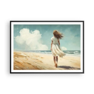 Poster in einem schwarzem Rahmen - Eine Frau in einem weißen Kleid geht an einem sonnigen Tag am Strand spazieren - 100x70cm - Der Sonne und dem Wind begegnen - Moderne Wanddekoration für Wohnzimmer und Schlafzimmer ARTTOR