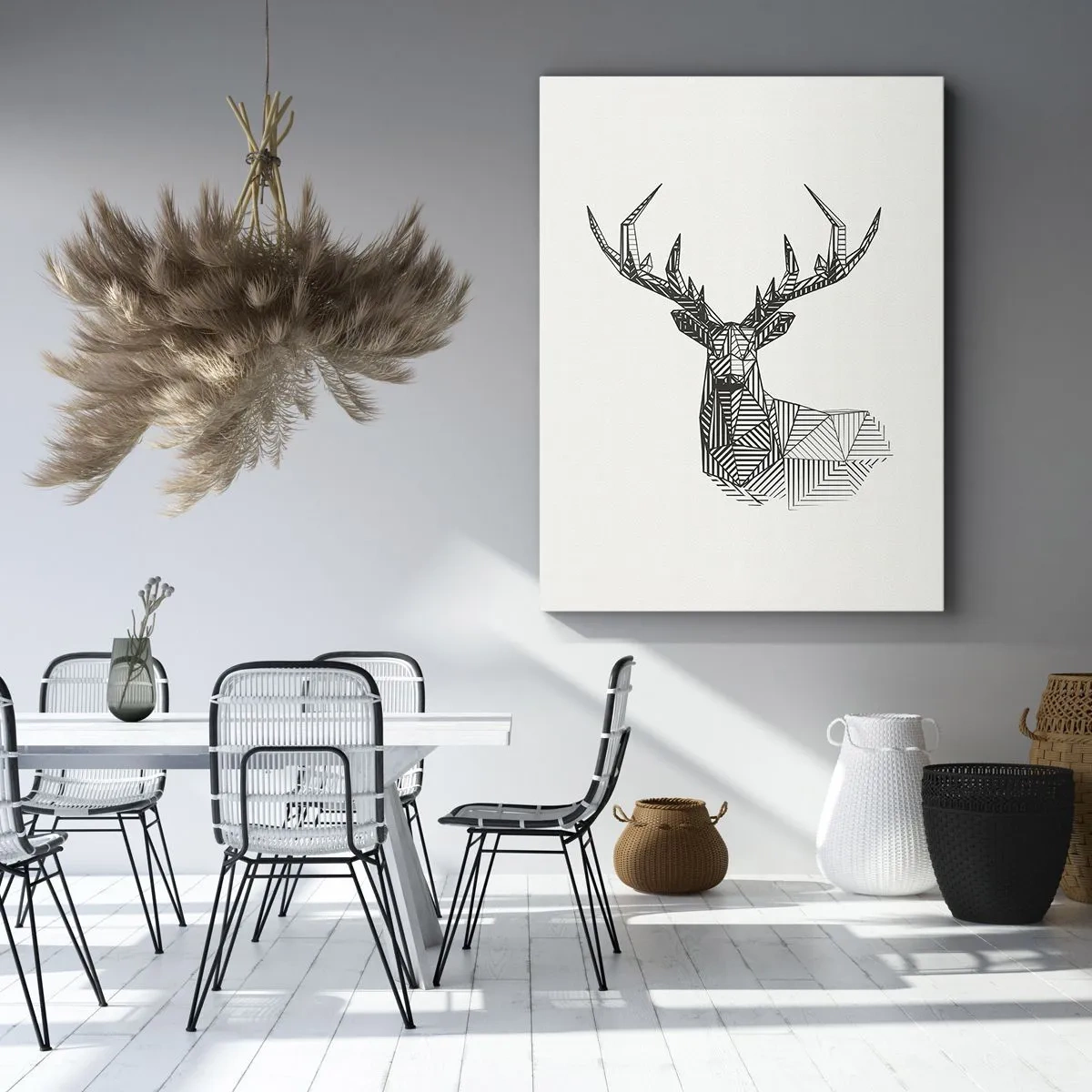 Bild auf Leinwand - Leinwandbild - Geometrisches Bild eines Hirsches im minimalistischen Schwarz-Weiß-Stil - 80x120cm - Ein Hirsch im kubistischen Stil - Moderne Wanddekoration für Wohnzimmer und Schlafzimmer ARTTOR
