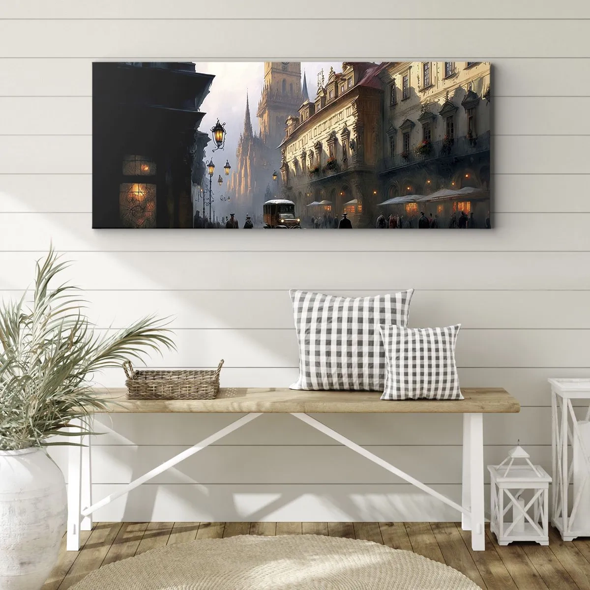 Bild auf Leinwand - Leinwandbild - Abendliche Straßenszene mit historischer Architektur - 120x50cm - Charme eines Prager Abends - Moderne Wanddekoration für Wohnzimmer und Schlafzimmer ARTTOR