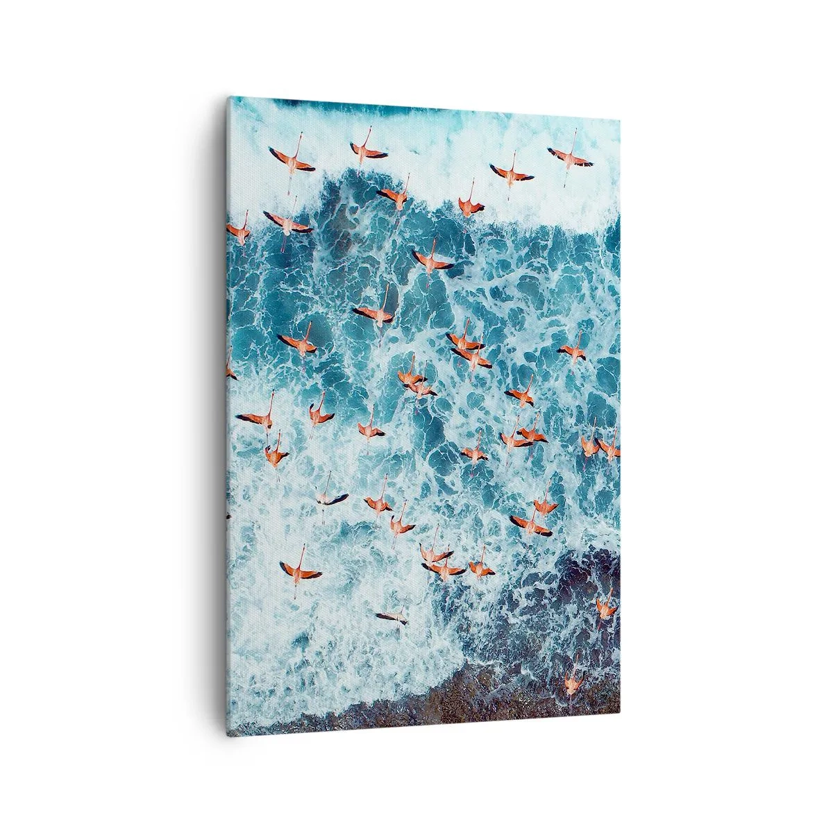 Bild auf Leinwand - Leinwandbild - Eine Vogelperspektive auf rosa Flamingos über einem blauen Ozean - 70x100cm - Die Küstenparade - Moderne Wanddekoration für Wohnzimmer und Schlafzimmer ARTTOR