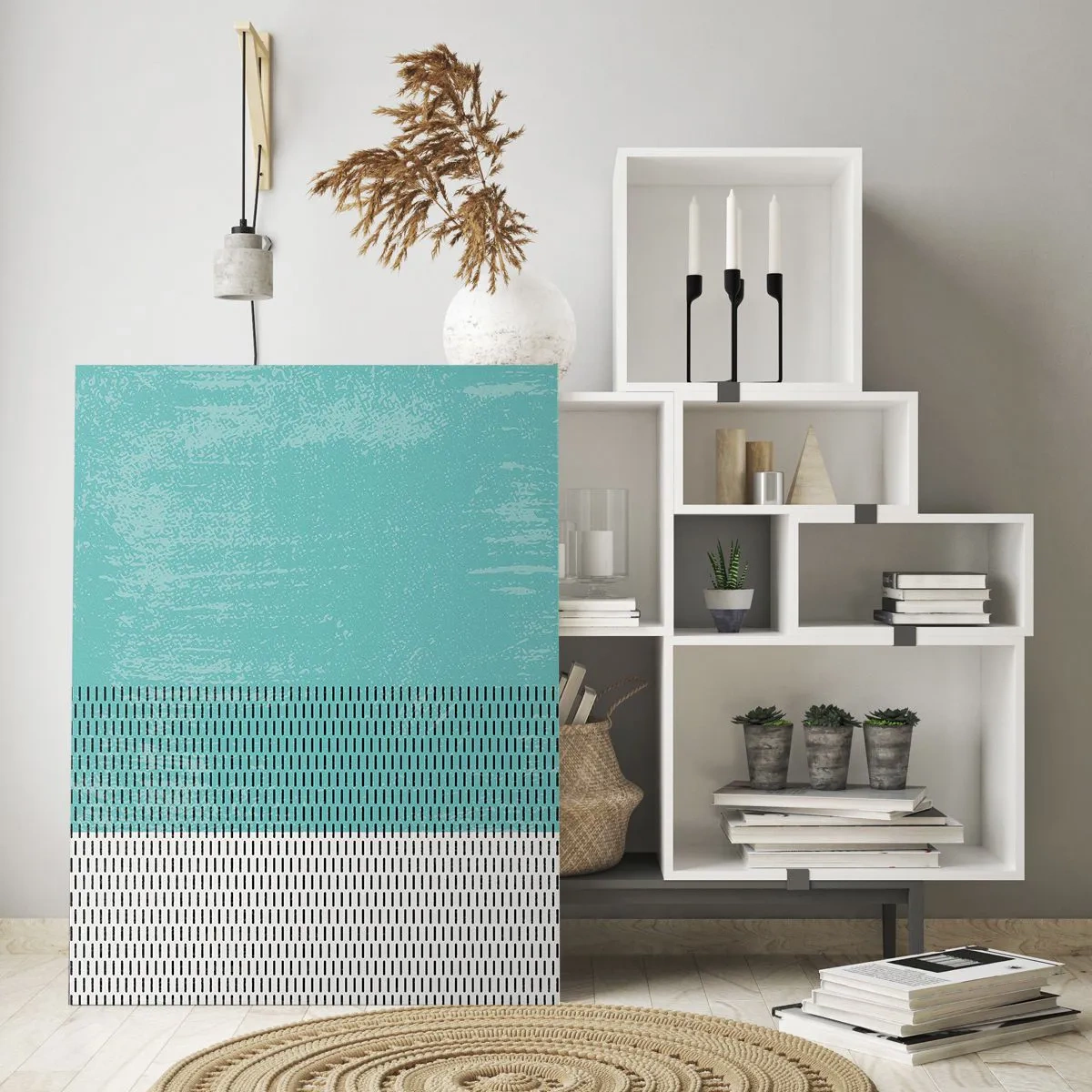 Glasbild - Bild auf glas - Geometrische Komposition mit Türkis und Linien - 80x120cm - Eine ausgewogene Komposition - Moderne Wanddekoration für Wohnzimmer und Schlafzimmer ARTTOR