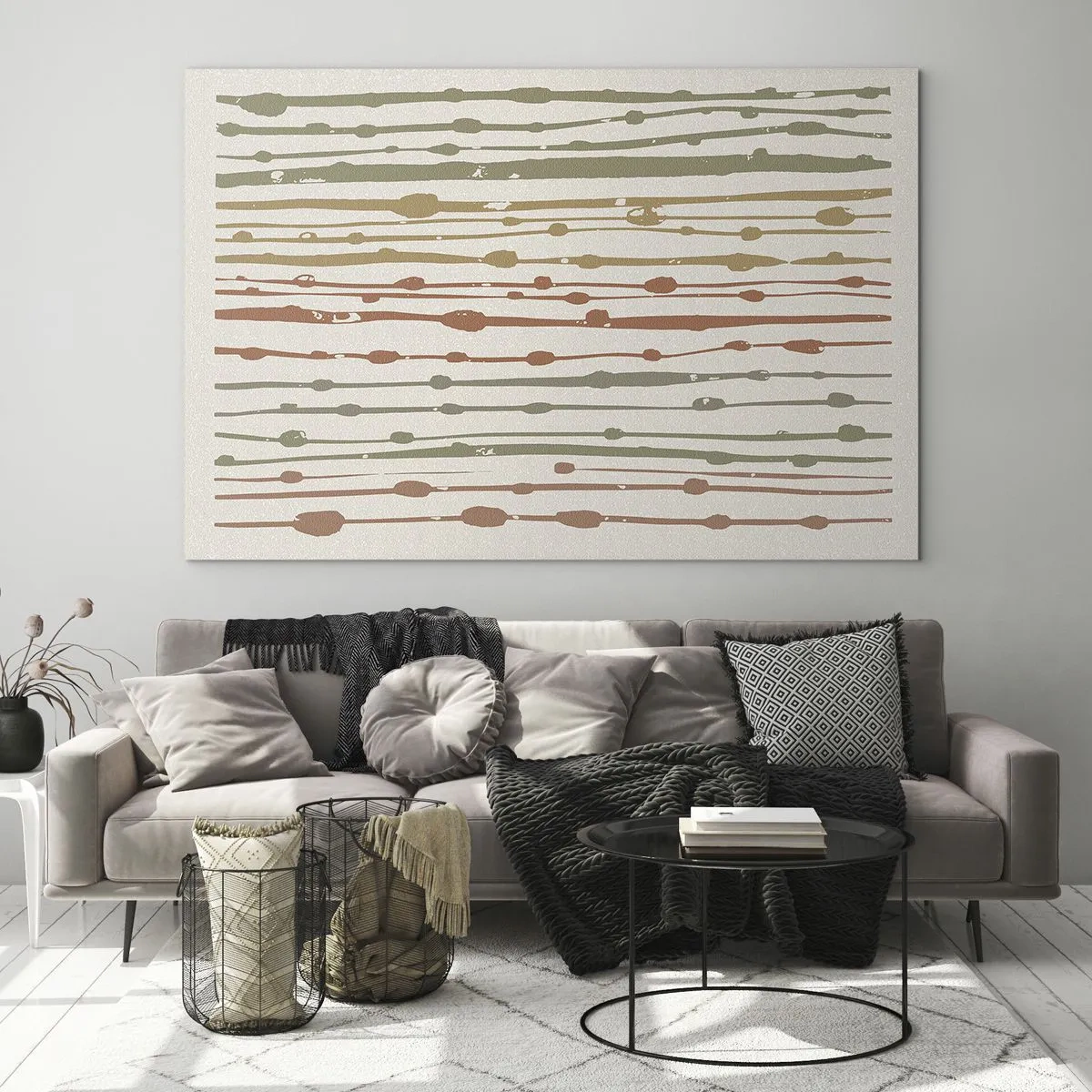 Glasbild - Bild auf glas - Bunte Linien und Punkte bilden eine rhythmische Komposition - 70x50cm - Musikalische Notation von Farben - Moderne Wanddekoration für Wohnzimmer und Schlafzimmer ARTTOR