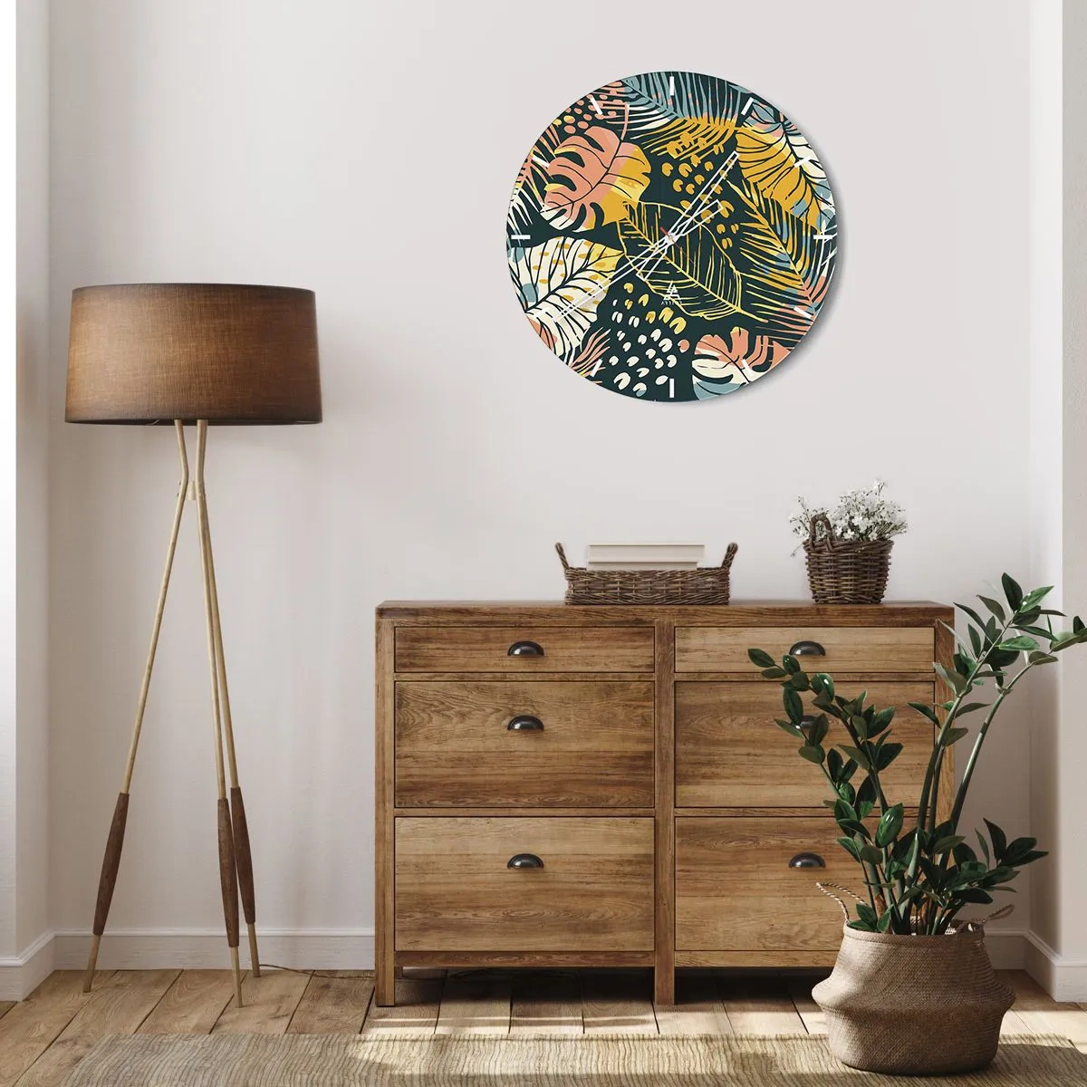 Wanduhr - Glasuhr - Buntes tropisches Blattmuster auf dunklem Hintergrund - 30x30cm - Grüne Fantasie - Moderne Wanddekoration für Wohnzimmer, Küche und Schlafzimmer ARTTOR