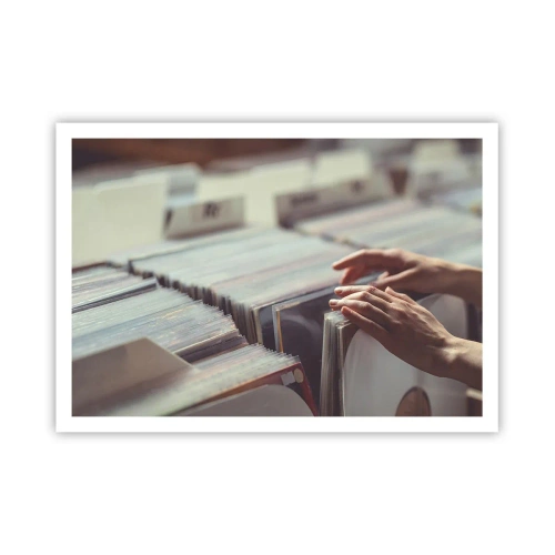 Poster - Hände blättern durch eine Vinylsammlung - 100x70cm - Auf der Suche nach Emotionen - Moderne Wanddekoration für Wohnzimmer und Schlafzimmer ARTTOR