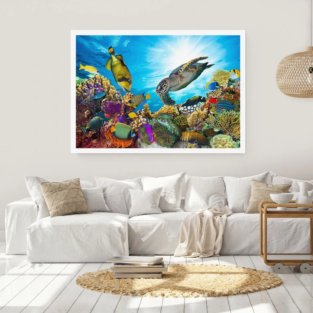 Poster - Unterwasserwelt mit bunten Fischen und einer Schildkröte in den Korallen - 100x70cm - Korallenpromenade - Moderne Wanddekoration für Wohnzimmer und Schlafzimmer ARTTOR