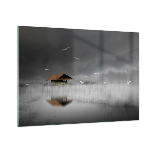 Glasbild - Bild auf glas - Ein Haus auf dem Wasser im Nebel mit fliegenden Vögeln - 100x70cm - Schutz vor Regen - Moderne Wanddekoration für Wohnzimmer und Schlafzimmer ARTTOR