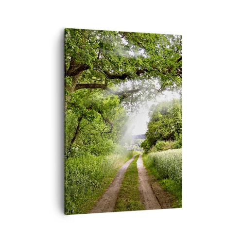 Bild auf Leinwand - Leinwandbild - Eine unbefestigte Straße zwischen grünen Bäumen und Sonnenlicht - 50x70cm - Et in Arcadia ego - Moderne Wanddekoration für Wohnzimmer und Schlafzimmer ARTTOR
