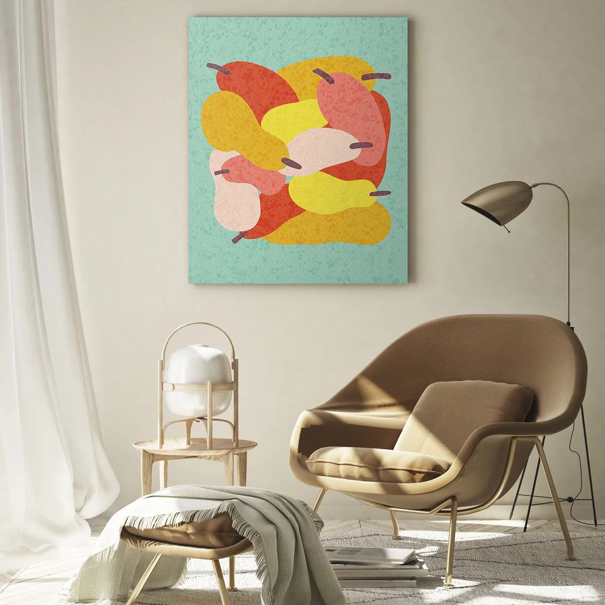 Glasbild - Bild auf glas - Bunte Birnen im grafischen Stil auf türkisfarbenem Hintergrund - 50x70cm - Probieren Sie die Sommersonne - Moderne Wanddekoration für Wohnzimmer und Schlafzimmer ARTTOR