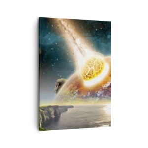 Bild auf Leinwand - Leinwandbild - Ein Meteorit kollidiert mit einem Planeten in einer kosmischen Landschaft. - 50x70cm - Kosmisches Drama - Moderne Wanddekoration für Wohnzimmer und Schlafzimmer ARTTOR
