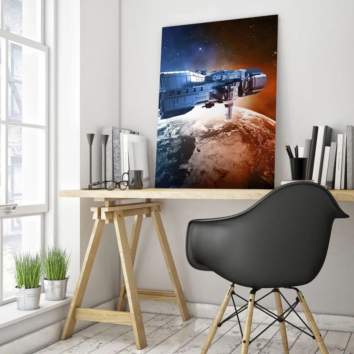 Glasbild - Bild auf glas - Ein Raumschiff vor dem Hintergrund eines Planeten im Weltraum - 80x120cm - Ein aufmerksamer Beobachter - Moderne Wanddekoration für Wohnzimmer und Schlafzimmer ARTTOR