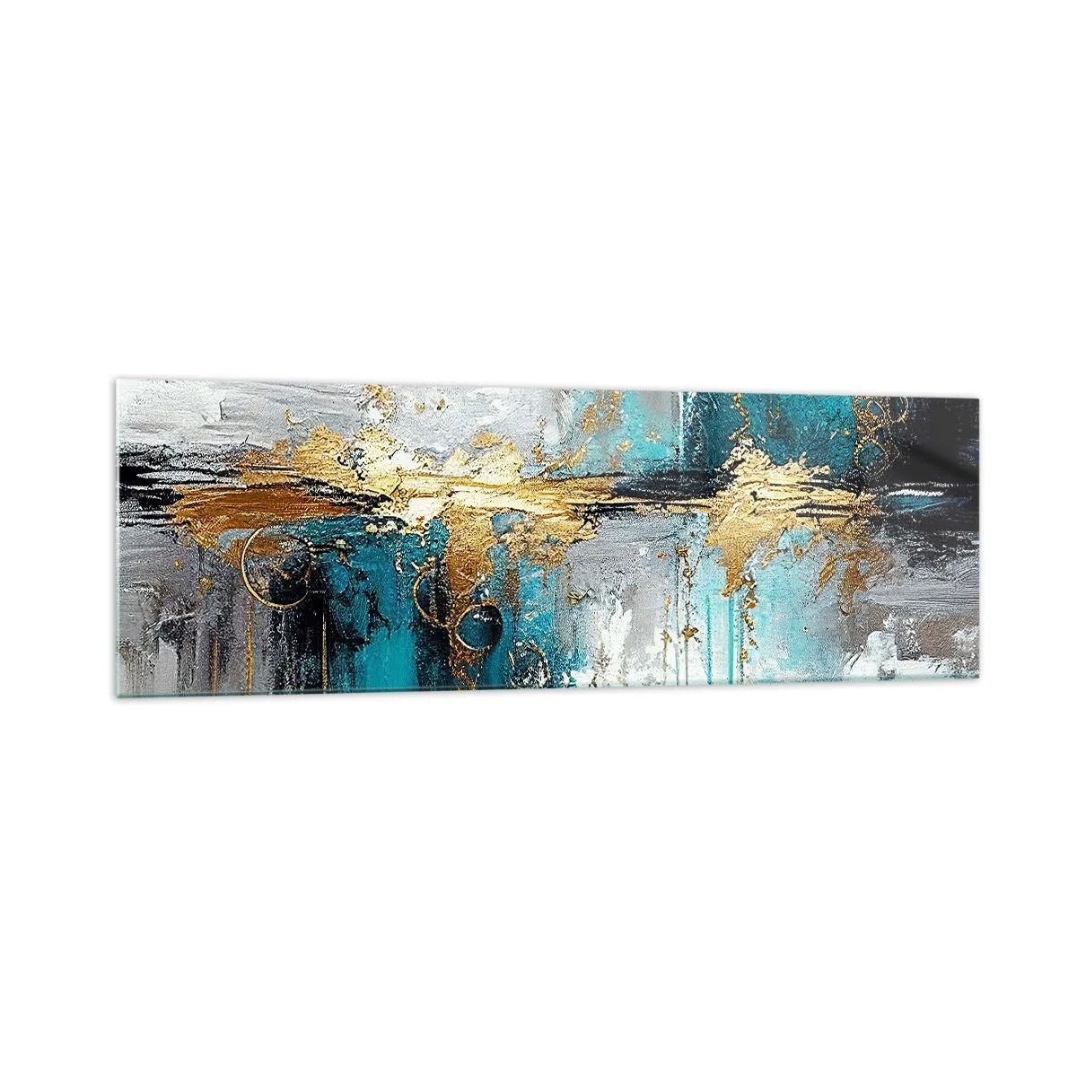 Glasbild - Bild auf glas - Eine abstrakte Komposition mit türkisfarbenen und goldenen Akzenten. - 160x50cm - Alles fließt - Moderne Wanddekoration für Wohnzimmer und Schlafzimmer ARTTOR