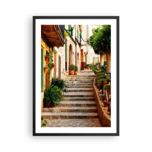 Poster in einem schwarzem Rahmen - Der Charme einer mediterranen Straße - 50x70cm - Charme spanischer Feiertage - Moderne Wanddekoration für Wohnzimmer und Schlafzimmer ARTTOR