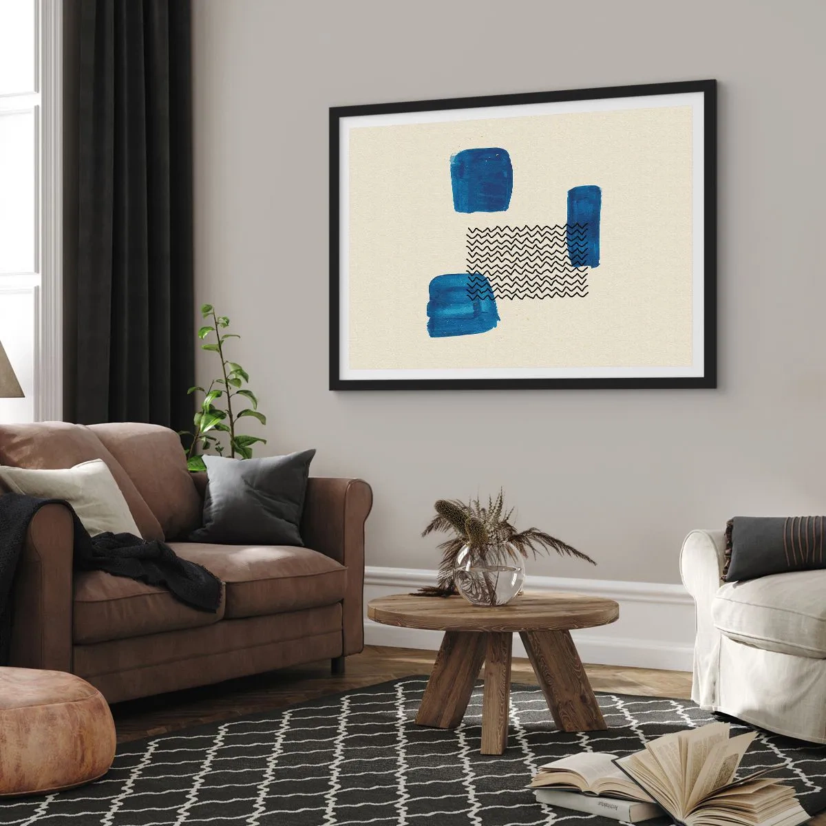 Poster in einem schwarzem Rahmen - Abstrakte Komposition mit blauen Flecken und Wellenlinien - 70x50cm - Ein abstraktes Quartett - Moderne Wanddekoration für Wohnzimmer und Schlafzimmer ARTTOR