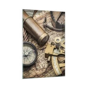 Glasbild - Bild auf glas - Ein Kompass, ein Sextant und ein Teleskop vor dem Hintergrund einer alten Karte und eines Seeseils. - 80x120cm - Setze Sie einen Kurs - Moderne Wanddekoration für Wohnzimmer und Schlafzimmer ARTTOR