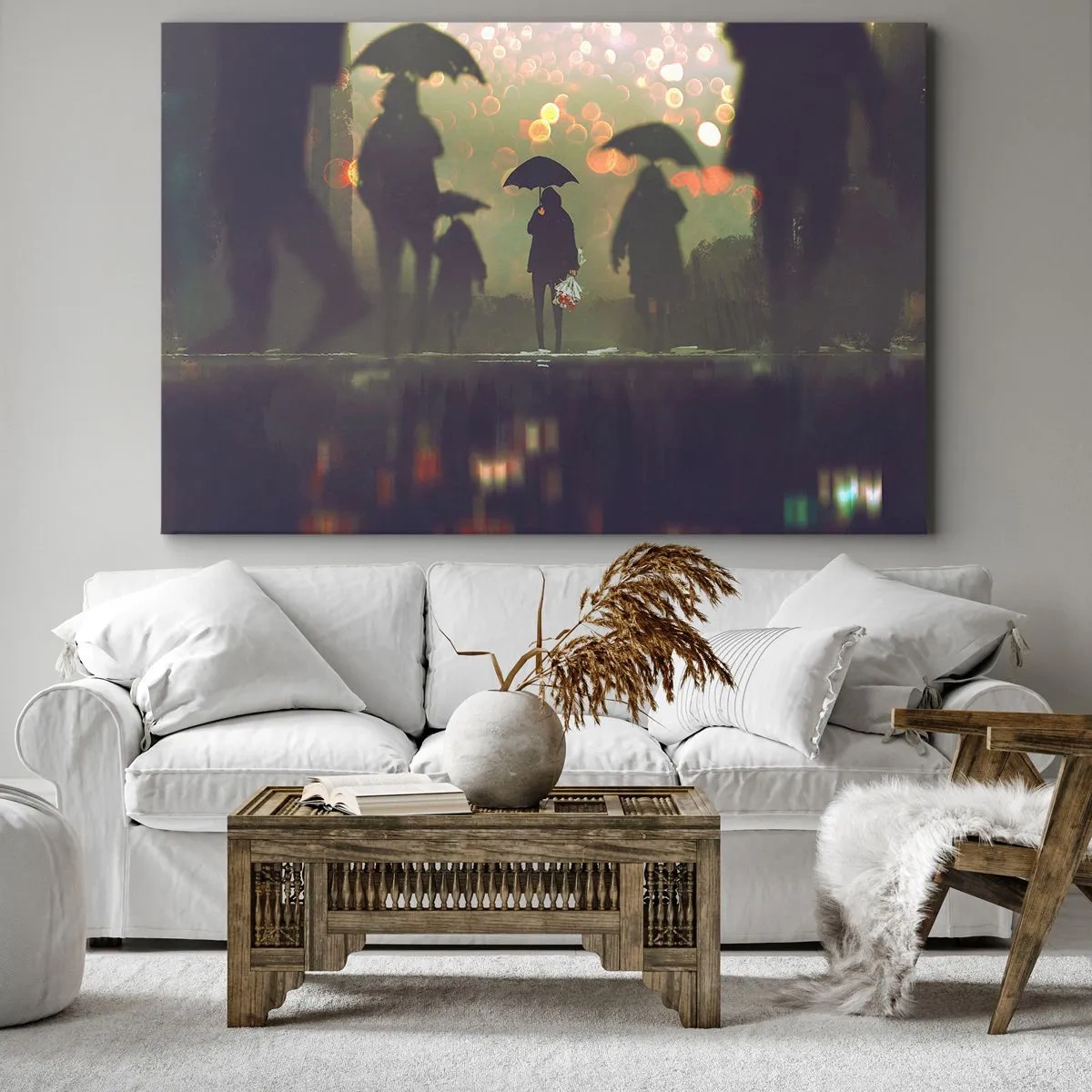 Bild auf Leinwand - Leinwandbild - Eine Figur mit einem Regenschirm an einem regnerischen Abend zwischen den Lichtern der Stadt - 120x80cm - Aus der Perspektive eines Regentropfens - Moderne Wanddekoration für Wohnzimmer und Schlafzimmer ARTTOR