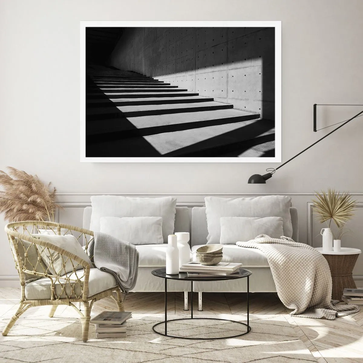 Poster - Treppe im minimalistischen Stil in Schwarz und Weiß - 100x70cm - Rohe Schönheit des Modernismus - Moderne Wanddekoration für Wohnzimmer und Schlafzimmer ARTTOR