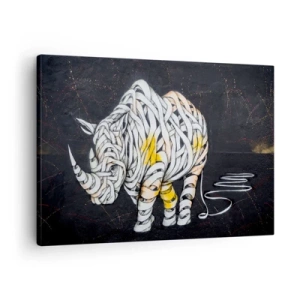 Bild auf Leinwand - Leinwandbild - Ein geschnitztes Nashorn mit abstrakten Streifen auf dunklem Hintergrund. - 70x50cm - Dicke Haut ist ein Mythos - Moderne Wanddekoration für Wohnzimmer und Schlafzimmer ARTTOR