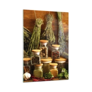 Glasbild - Bild auf glas - Kräuter und Gewürze in Gläsern auf einem hölzernen Hintergrund - 50x70cm - Küchenzauber - Moderne Wanddekoration für Wohnzimmer und Schlafzimmer ARTTOR