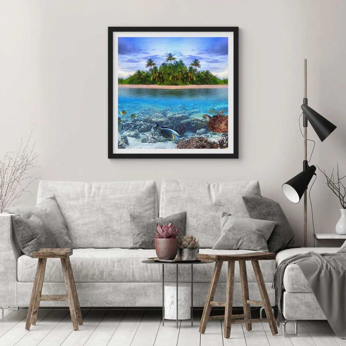 Poster in einem schwarzem Rahmen - Heavenly Island lädt dich ein - 60x60 cm