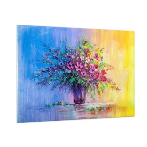Glasbild - Bild auf glas - Ein bunter Blumenstrauß in einer Vase auf abstraktem Hintergrund - 100x70cm - Sommergeschenk der Wiese - Moderne Wanddekoration für Wohnzimmer und Schlafzimmer ARTTOR